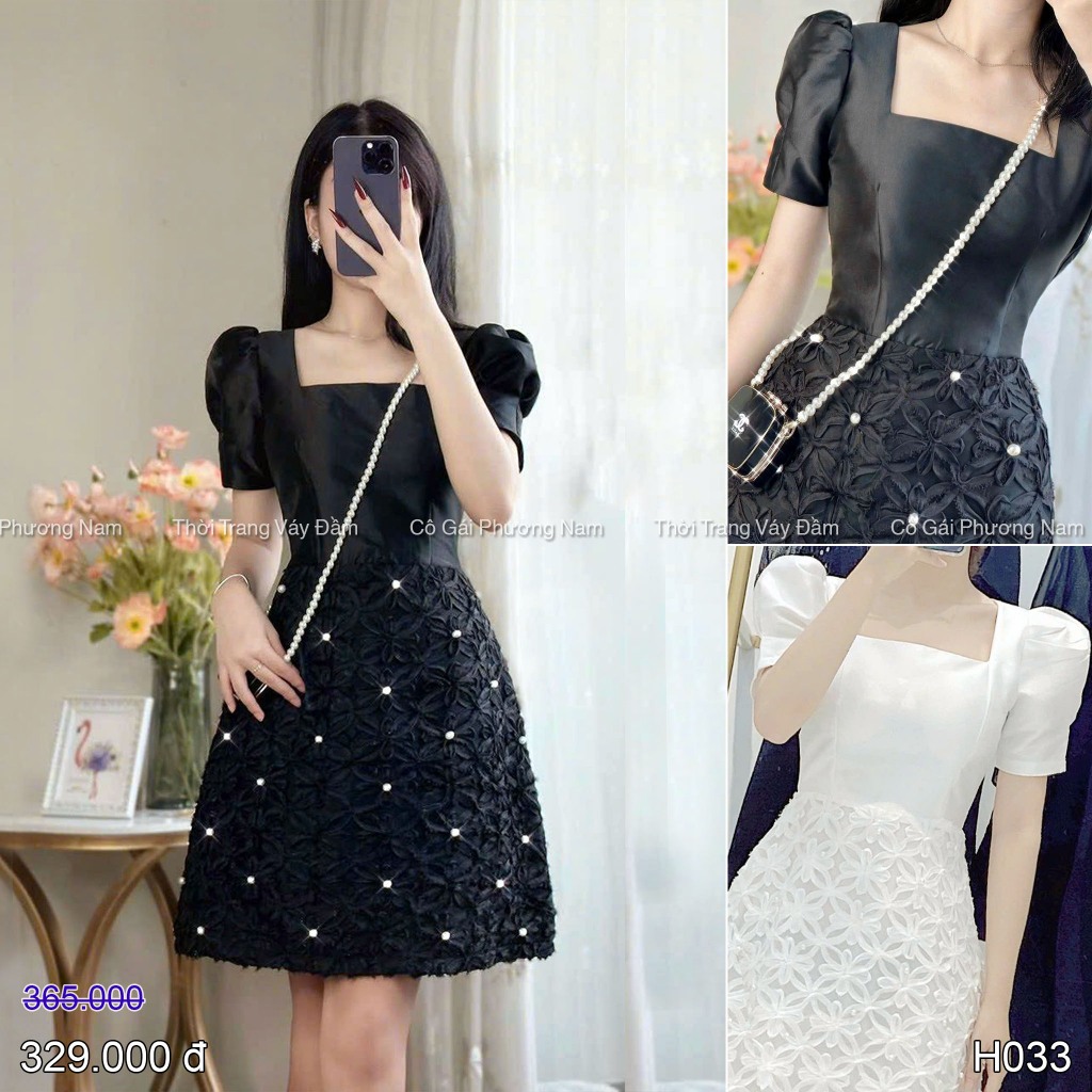 H033 Đầm xòe chữ A ren hoa đính hạt ngọc cổ vuông tay phồng