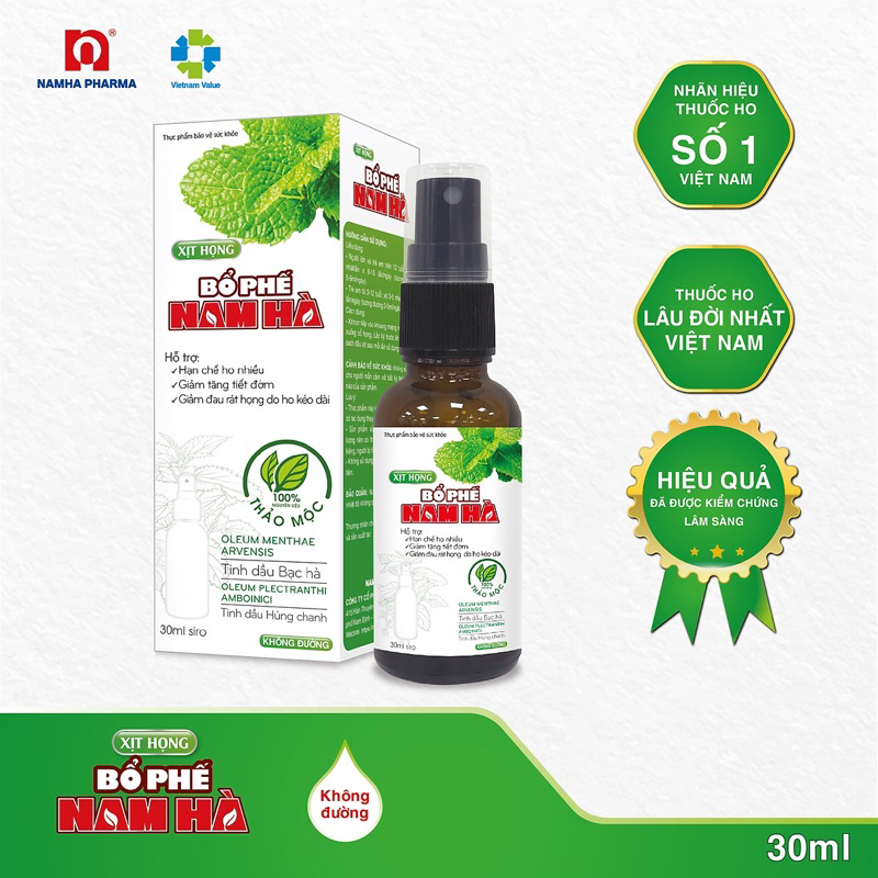 Xịt Họng Bổ Phế Nam Hà giúp giảm ho, giảm đờm và đau rát họng (lọ 30ml)
