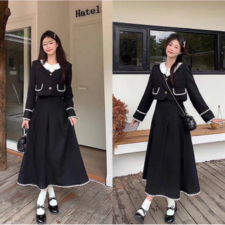 Set dạ phối cổ sen pha ren mix chân váy midi dáng dài sdpcsp