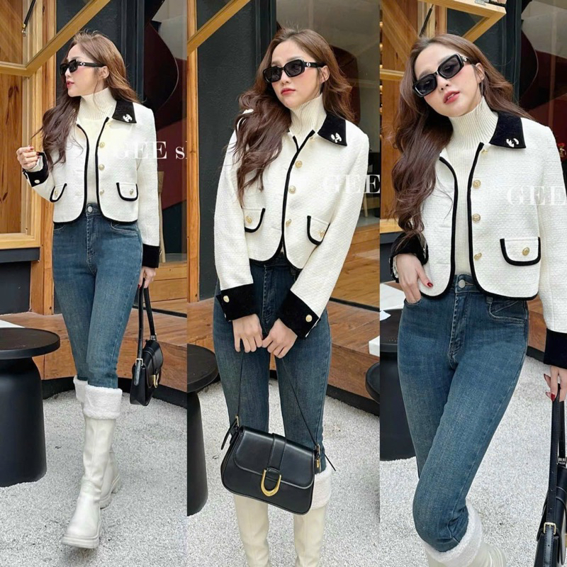 Áo dạ tweed cổ ren hoa tiểu thư