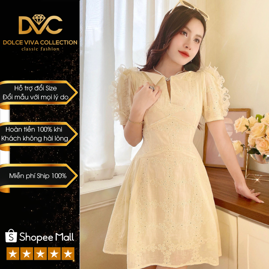 VÁY NỮ XINH, VÁY ĐI CHƠI REN BE TAY ĐÍNH HOA NỔI CỔ V V3940 - DVC