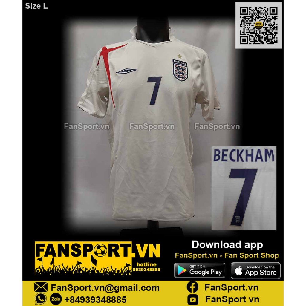 Áo đấu cầu thủ bóng đá David Beckham 7 England 2005-2006-2007 home white shirt jersey Umbro chính hãng size L