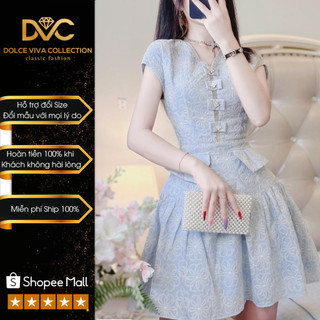 VÁY THIẾT KẾ NỮ, VÁY MẶC ĐI CHƠI XANH CỔ V CHIẾT EO DÁNG XÒE TIỂU THƯ V3913 - DVC