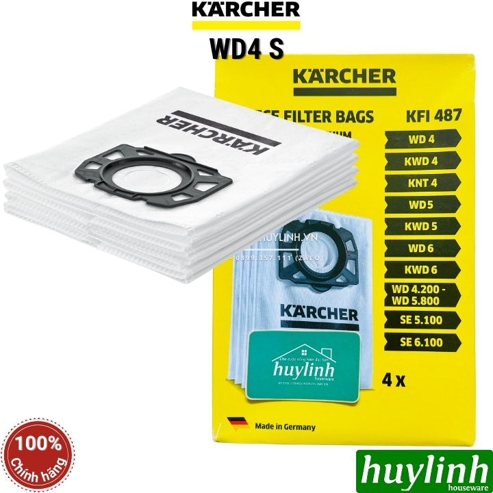 Bộ 4 túi lọc bụi vải không dệt cho Karcher WD4 - WD4S - 2.863-006.0