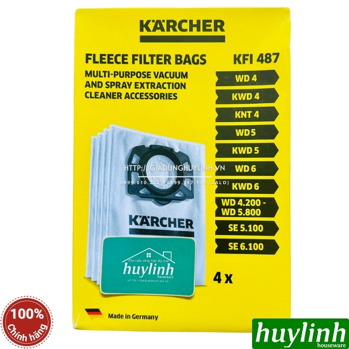 Bộ 4 túi lọc bụi vải không dệt cho Karcher WD4 - WD4S - 2.863-006.0