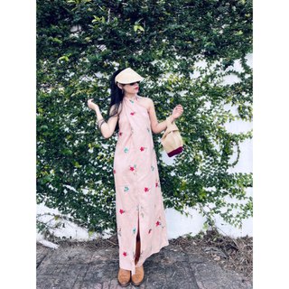 Đầm váy dài kiểu xoắn cổ vải Linen thêu hoa nổi