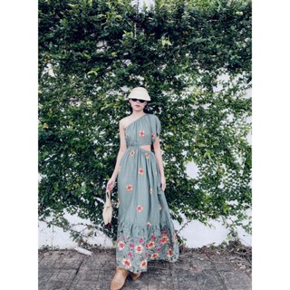 Đầm váy maxi lệch vai khoét eo Linen thêu hoa lạ mắt