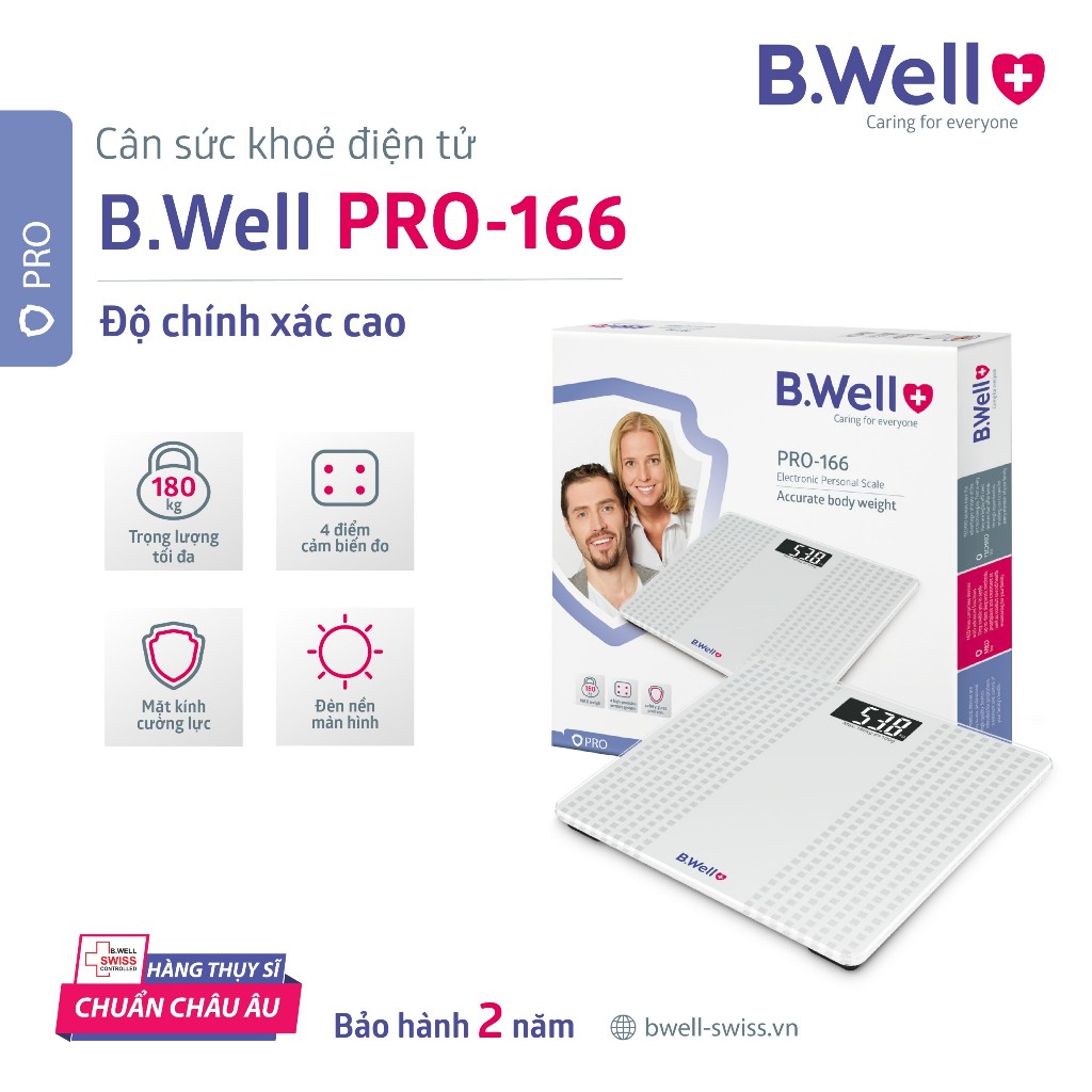 [bảo hành 2 năm] CÂn điện tử, Bwell Pro 166, THụy Sỹ, tải trọng 180kg
