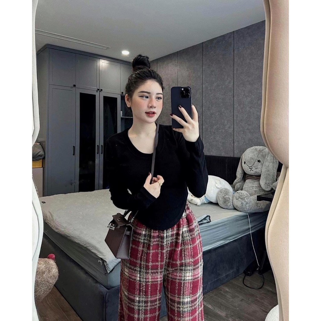 SET ÁO ĐUÔI TÔM MIX QUẦN KẺ CARO áo chất tăm nhung lông- quần chất dạ lông