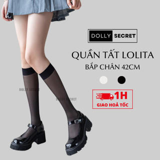 Quần Tất Bắp Chân Lolita 42 cm DOLLY SECRET Vớ JK Cosplay Học Sinh Nhật Bản Tất Dài Qua Gối Trắng Đen T23