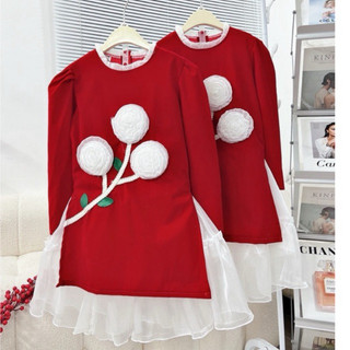 Áo dài Nhung 3 bông hoa cao cấp cho bé gái 10-23kg