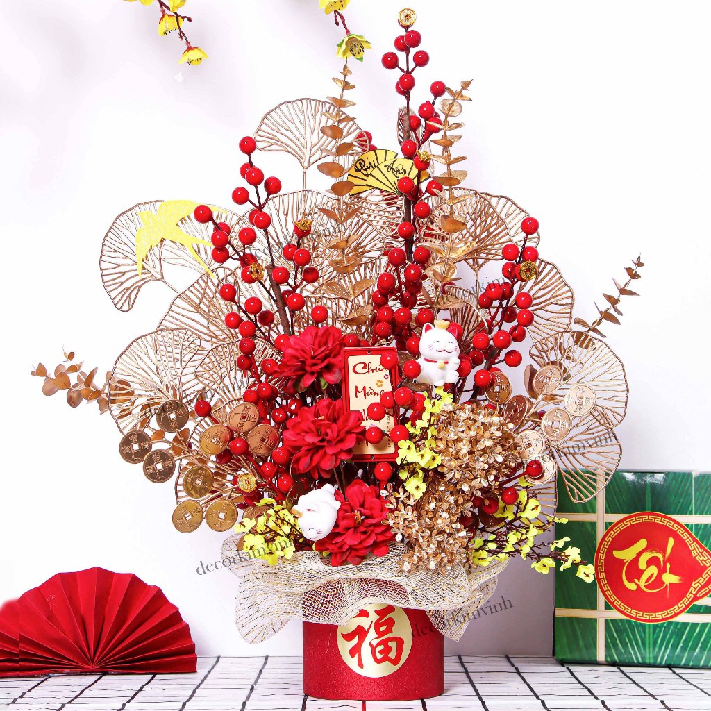 Chậu Đào Đông Trang Trí TẾT A44 May Mắn Tài Lộc – Handmade