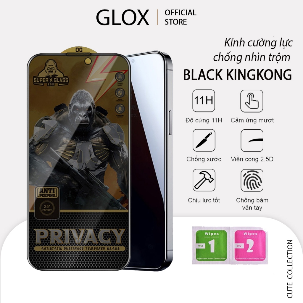 Kính cường lực Black Kingkong chống ánh sáng xanh phù hợp cho iphone 8 8plus x xs 11 12 13 14 15 15 plus 15 prm