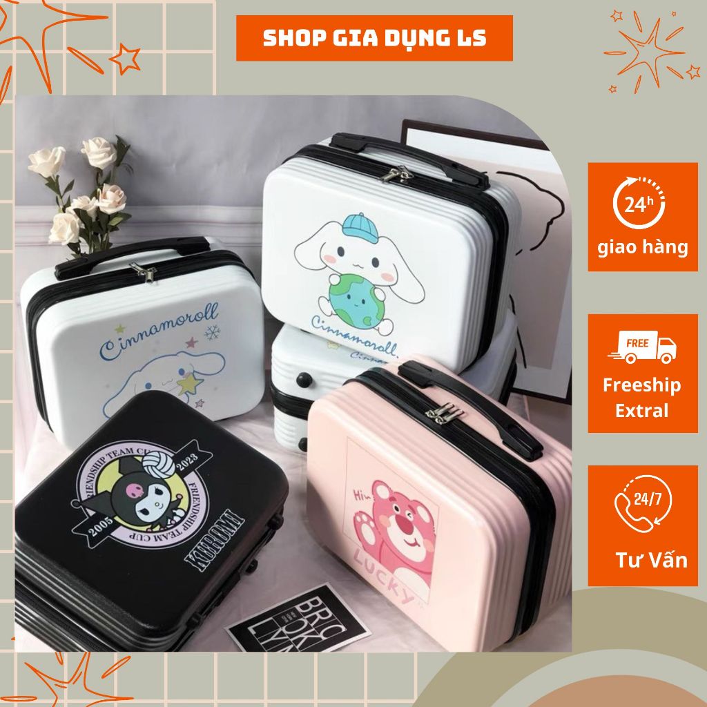 Vali mini , cốp đựng mĩ phẩm đồ trang điểm họa tiết gấu dâu chất liệu nhựa chống nước có quai xách tiện lợi