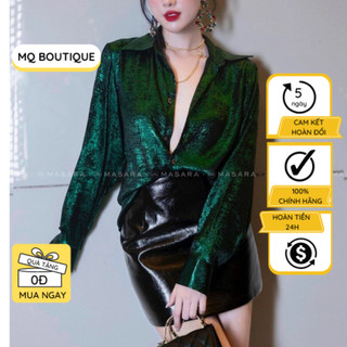 Áo sơ mi dài tay kim sa ánh kim xanh, vang bạc công sở sang trọng cao cấp, áo sơmi họa tiết thiết kế MQ Boutique