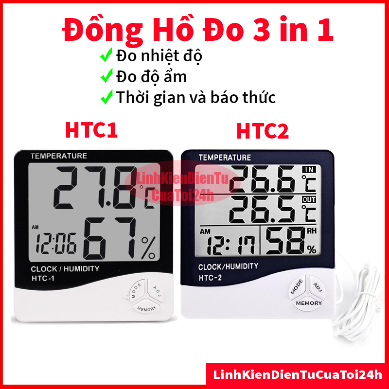Nhiệt ẩm kế điện tử LCD HTC1, HTC-1, HTC01, HTC-01 đo nhiệt độ, độ ẩm, đồng hồ báo thức (có sẵn pin) chất lượng cao