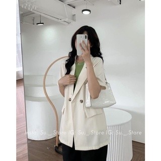 Áo blazer ngắn tay trơn kiểu, blazer dáng dài nữ cộc tay dáng ngắn1 lớp style hàn quốc
