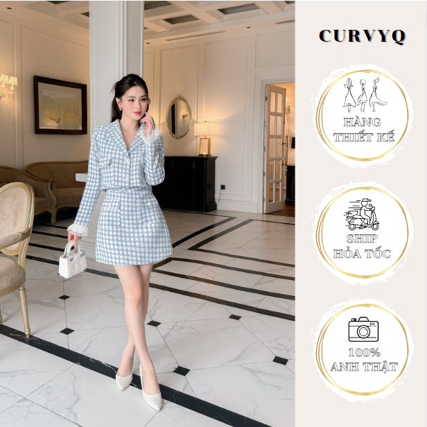Set Áo Khoác + Chân Váy Dạ Tweed Xanh Baby Thời Trang Thiết Kế Nữ CurvyQ