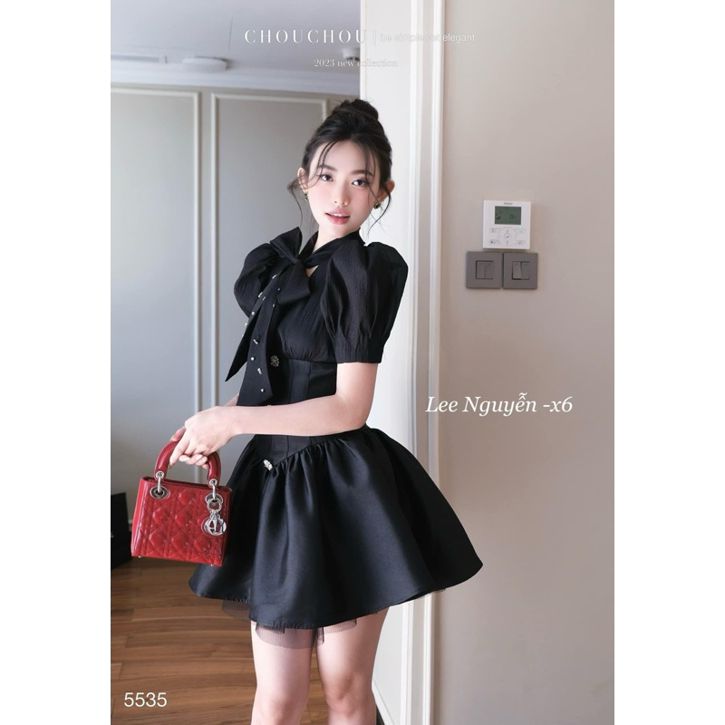 Đầm xoè tay bồng đính nơ hàng thiết kế cao cấp