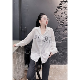 Áo sơ mi trắng in chữ chất tằm đũi Hàn _ Hàng loại 1