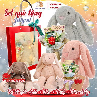 Túi quà hoa gấu bông thỏ tai dài JellyCat bunny size 35cm kèm đèn và thiệp, set quà thỏ trắng Jelly mềm mịn hot trend