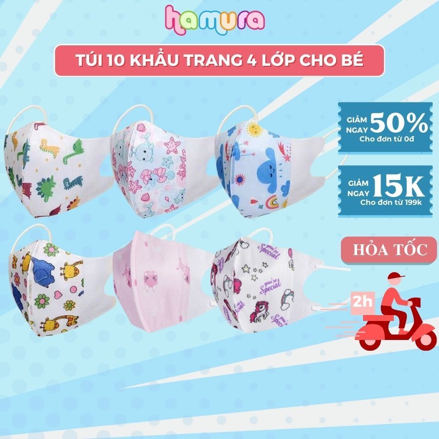 Túi 10 cái Khẩu trang cho bé, khẩu trang 3D trẻ em,4 lớp dày dặn