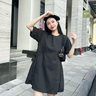 | chang tròn | 𝗦𝗵𝗶𝗻 𝗗𝗿𝗲𝘀𝘀 - đầm suông sọc dọc bigsize kèm belt