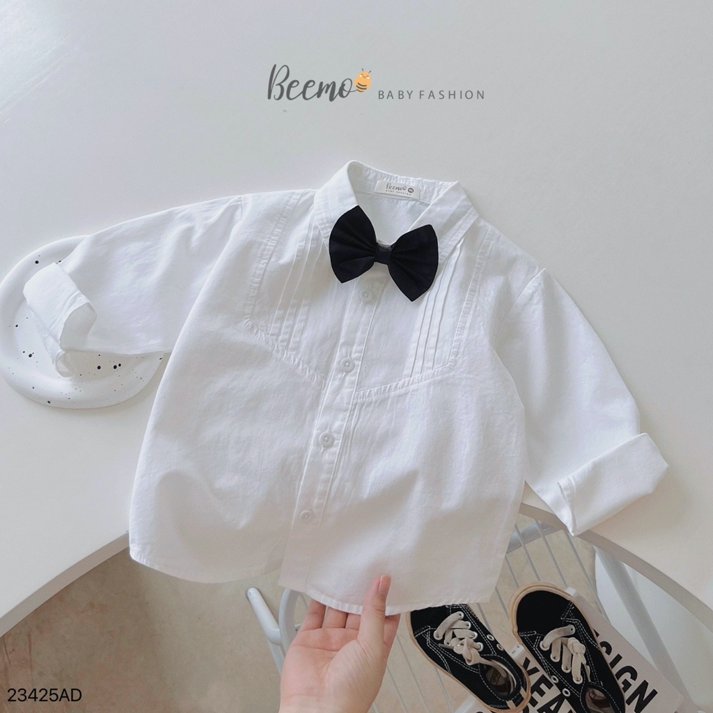 Áo sơ mi trắng cổ đức Beemo xếp li ngực ( kèm nơ ) size 80 - 130