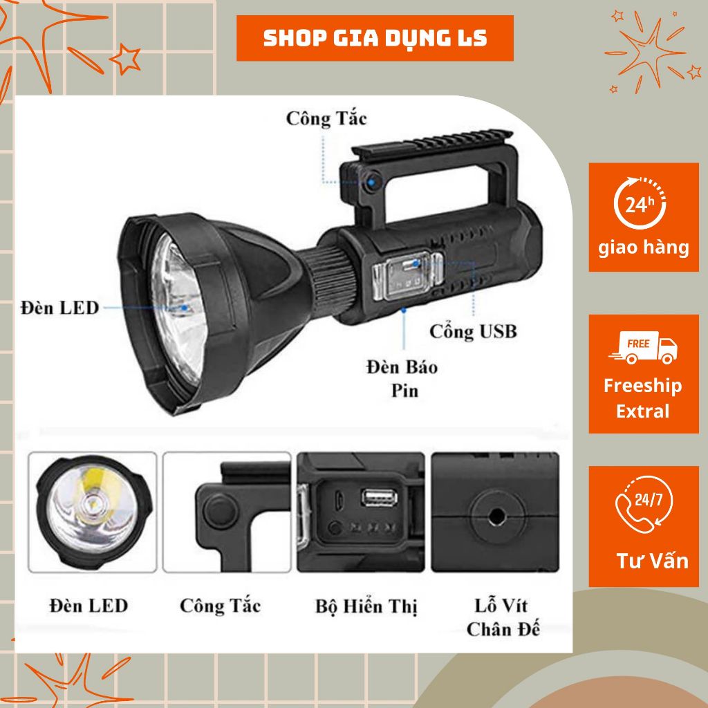 Đèn pin đèn siêu sáng chiếu xa 1000M W591 sáng 4 đến 6 giờ - Đèn pin kiêm sạc dự phòng pin 8000mAh