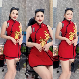 Sét đầm kèm quần đùi ôm thêu hoa mai may mắn.HM41
