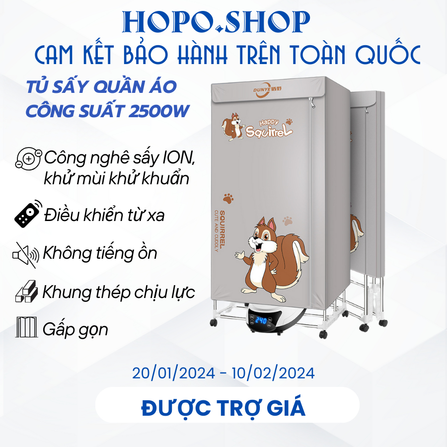 Công suất 2500W - 20kg Tủ sấy quần áo gấp gọn khử khuẩn 360 độ | Máy sấy quần áo điều khiển từ xa | Bảo hành 12 tháng