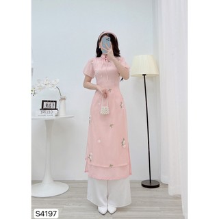 SET ÁO DÀI CÁCH TÂN HỒNG THÊU HOA NƠ CỔ S4197  - DVC