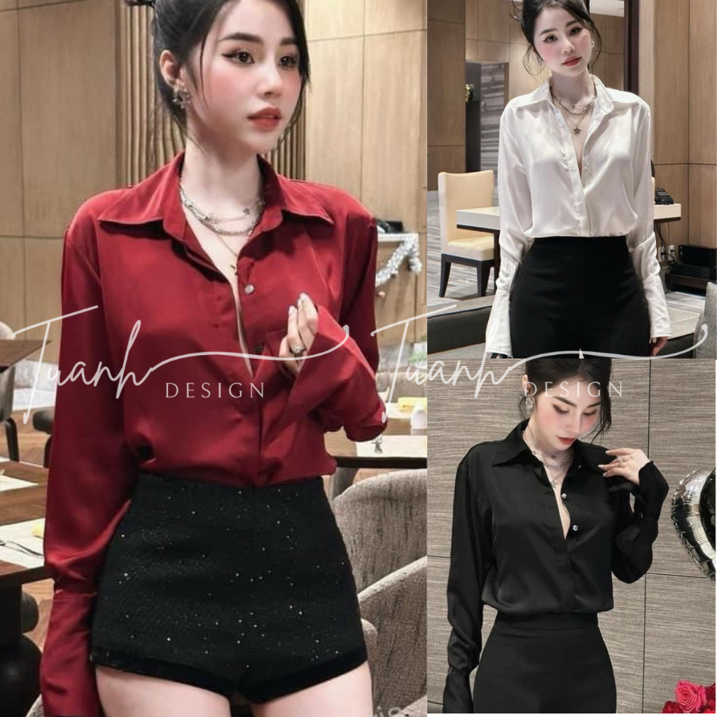 Áo Sơ Mi Lụa Cổ Nhọn, Tay Loe Thời Thượng phù hợp đi chơi đi làm công sở