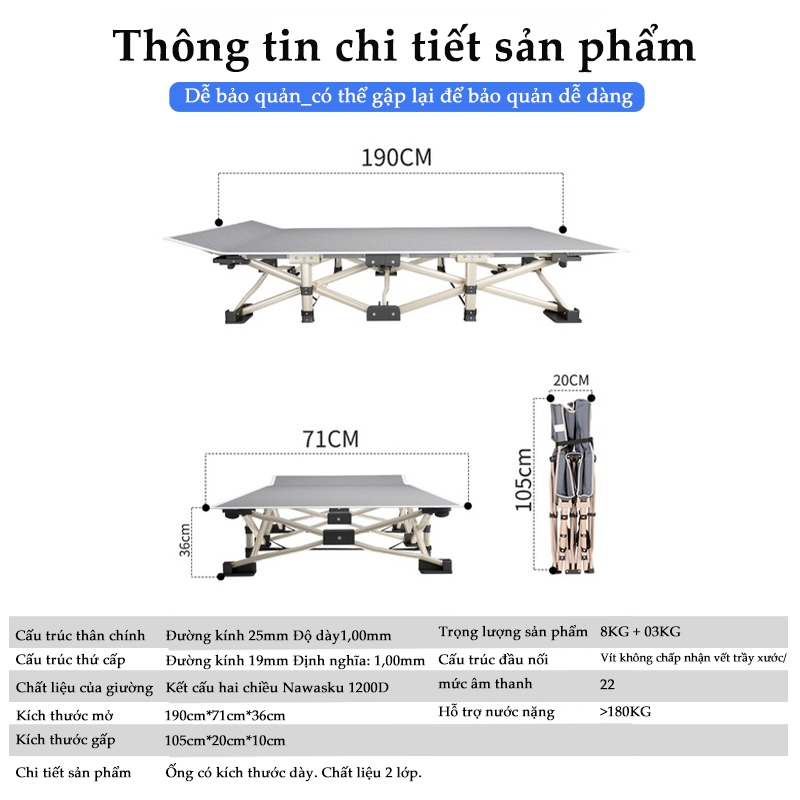 HEINO 1m9 Giường xếp gọn văn phòng chân kim loại di động ngủ trưa đi cắm trại decor homestay đẹp | BigBuy360 - bigbuy360.vn