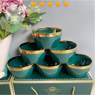 Bộ bát men sứ xanh cao cấp - bộ chén sứ, bát ăn cơm sứ trắng viền vàng cao cấp