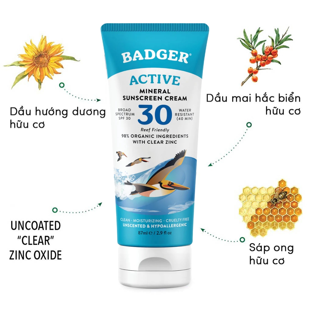 Kem chống nắng vật lý BADGER SPF 30 Active Sunscreen chống nắng phổ rộng hàng ngày an toàn cho mẹ bầu, da nhạy cảm 87ml