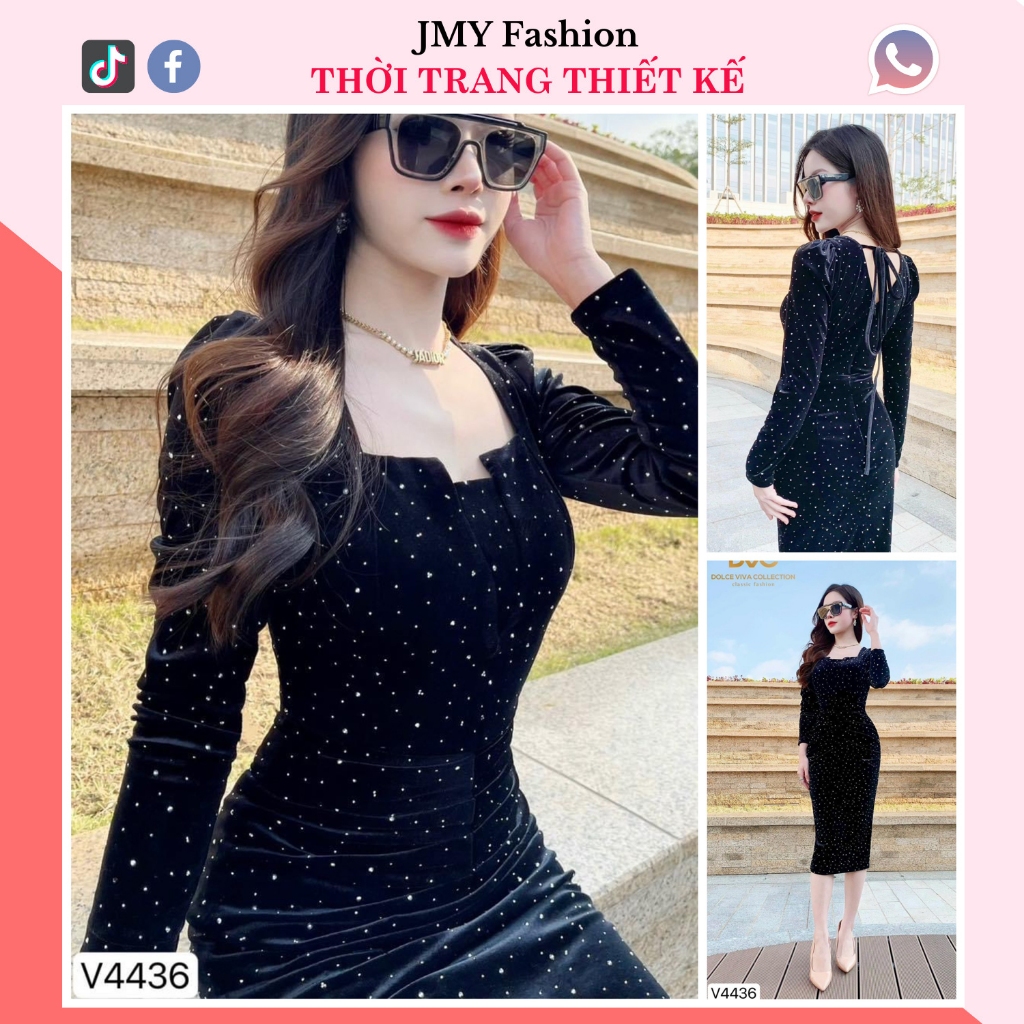 váy body đen nhung ánh nhũ hở lưng sang chảnh