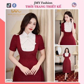 V4470 Váy đỏ cổ nơ trắng công sở [Dolce Viva Colection (DVC)] đầm đỏ A xòe phối cổ trắng đính đá sang chảnh