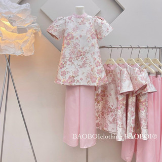  Set áo babydoll chất liệu tafta tay bồng họa tiết hoa đào kèm quần lụa ống rộng mặc TẾT  SE01  LYN 