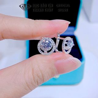 Bông tai bạc nữ cao cấp, tròn gắn đá cubic zirconia sáng lấp lánh, bông tai bạc 950