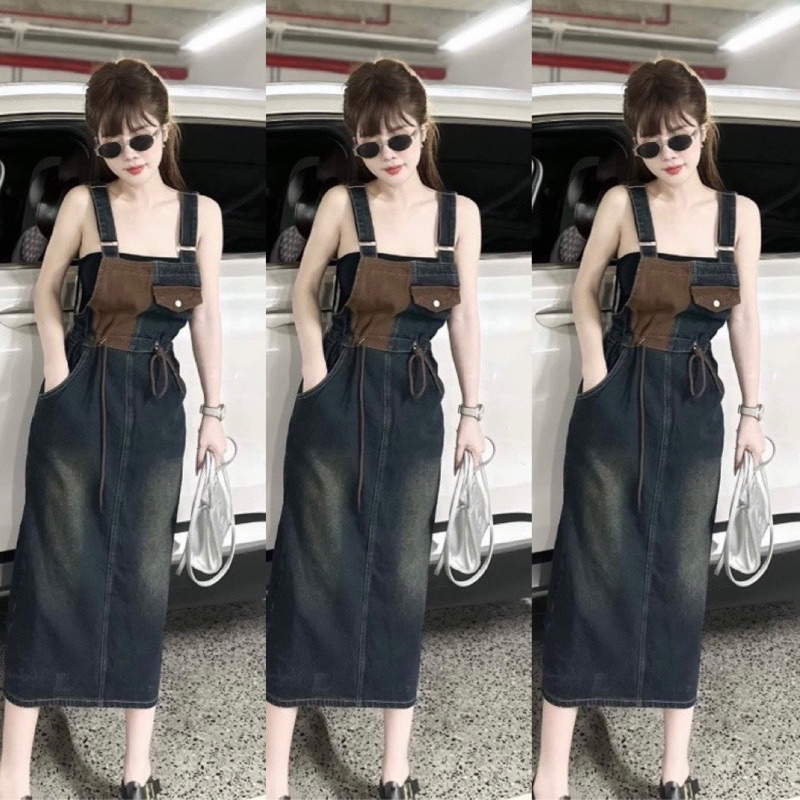 Yếm Váy Jean dây rút phom to phối màu xẻ sau hot trend