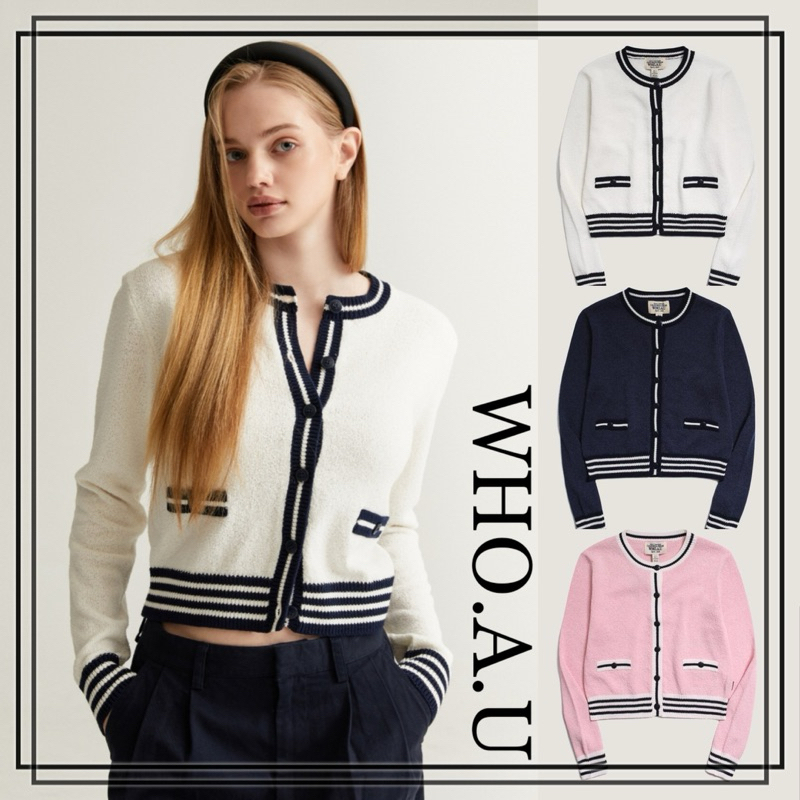 Áo cardigan phối viền kẻ WHOAU AUTHENTIC (gốc 1tr6)