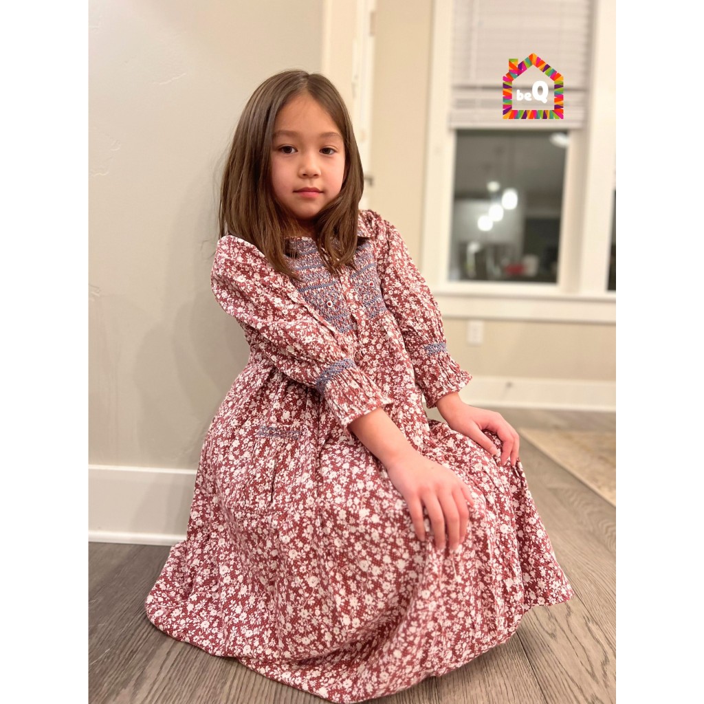 Váy đầm Tết smock thêu tay cotton hoa tím beQ Candy
