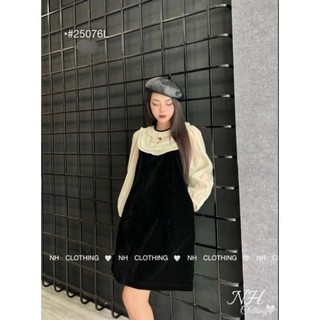 Váy nhung nữ cổ bèo tơ chất nhung cứng ,đầm nhung dáng chữ A phối tay voan  dễ thương