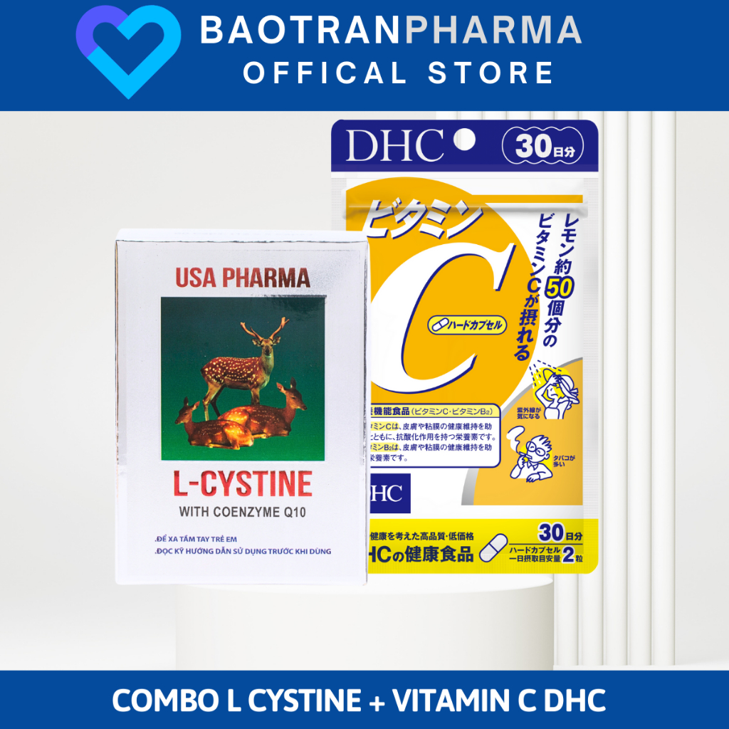 (COMBO 1 THÁNG) L cystine 500mg + Vitamin C DHC hỗ trợ trắng da và giảm rụng tóc, giảm mụn (L cystine 60; Vit C gói 30 n