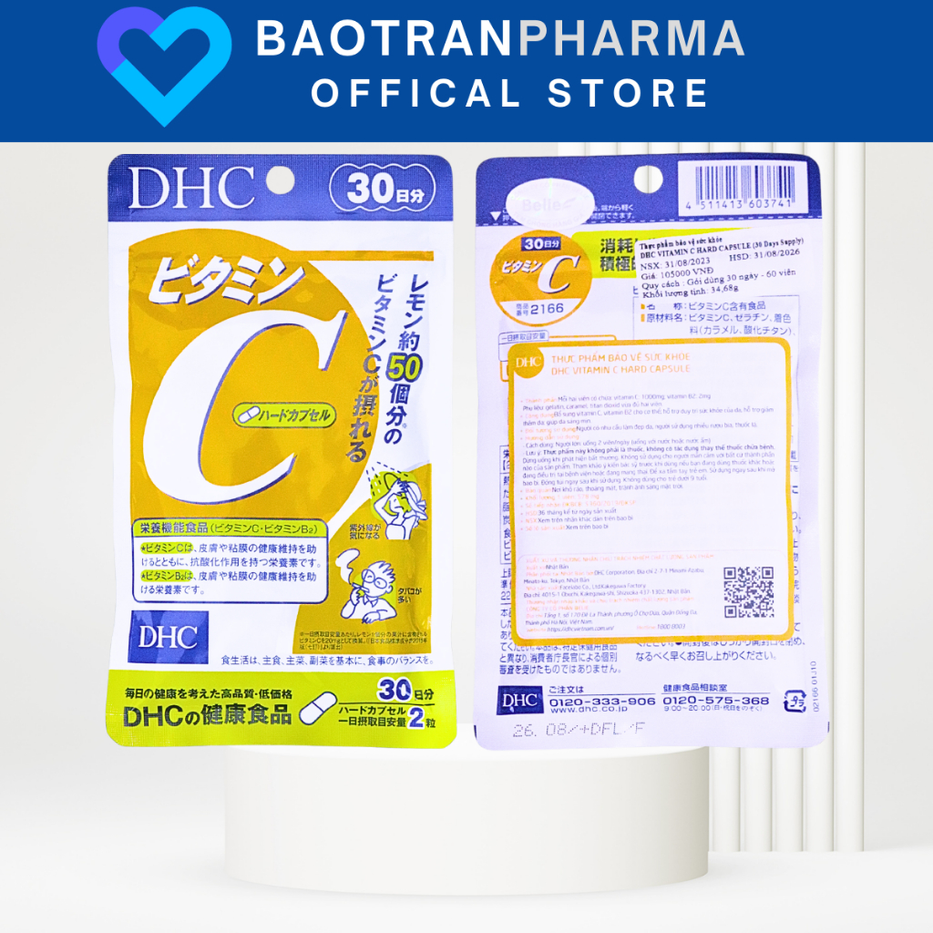 (COMBO 1 THÁNG) L cystine 500mg + Vitamin C DHC hỗ trợ trắng da và giảm rụng tóc, giảm mụn (L cystine 60; Vit C gói 30 n