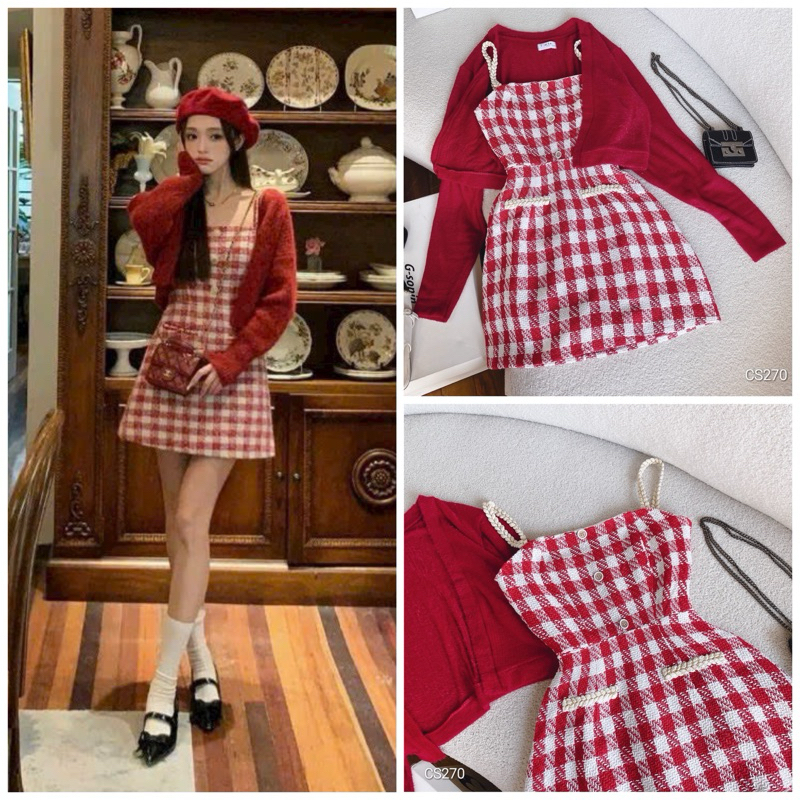 Set đầm dạ caro đỏ 2 dây kèm áo khoác len lông