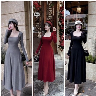 Đầm Body Cổ Vuông Dáng Xoè Dài chất tăm