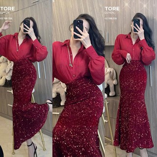 Bộ chân váy kim sa đuôi cá+ áo sơ mi tay bồng dài 220124