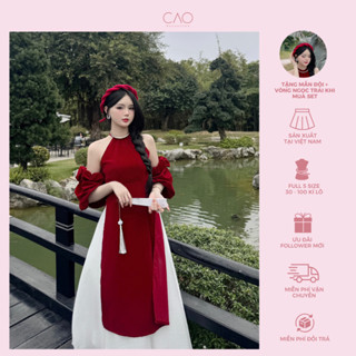 Áo dài Cherry cách tân cổ yếm tay bồng có thể tháo rời (tặng mấn khi mua cả set) -  có bigsize caocaobycaochen